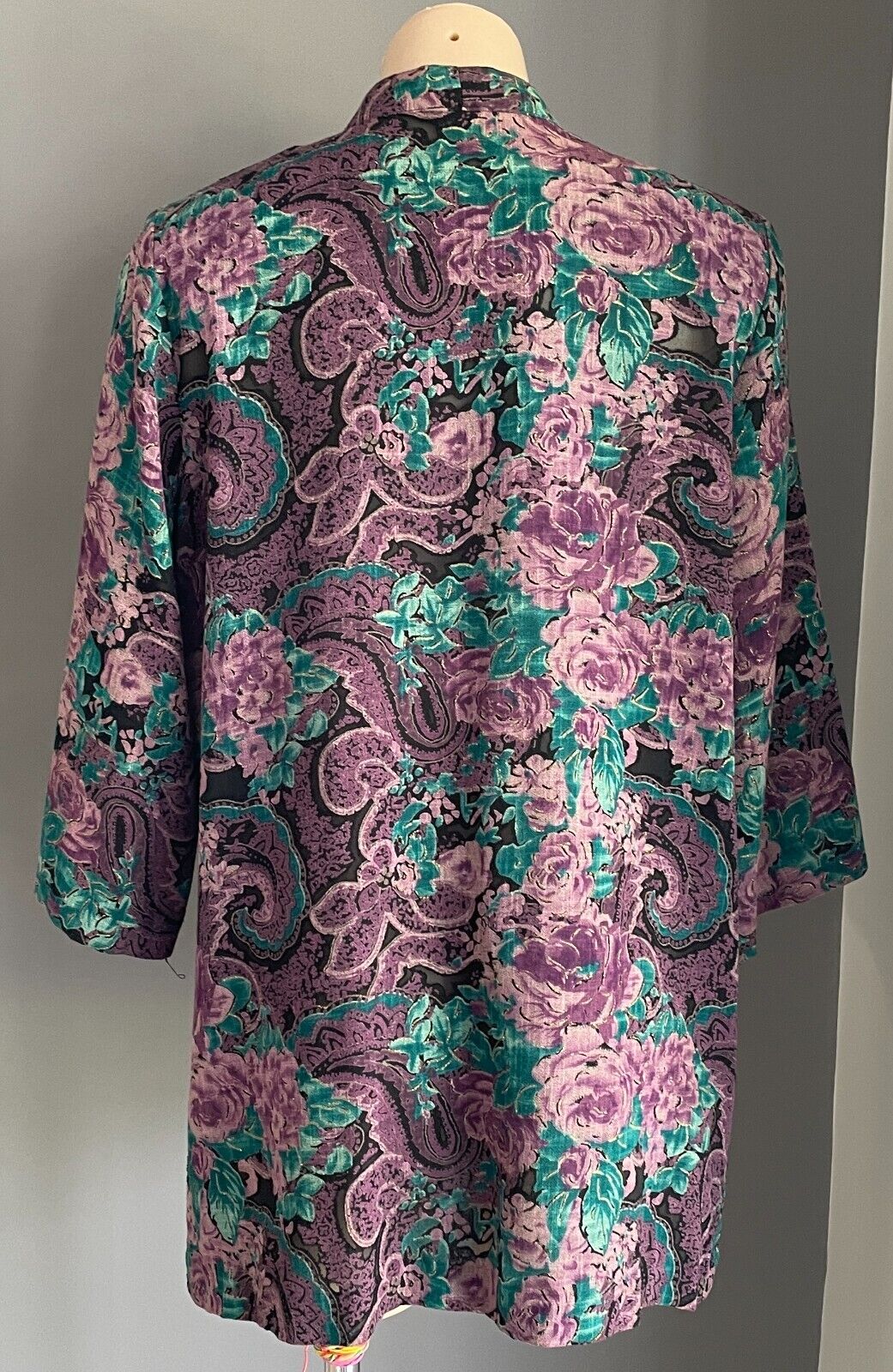 NGOH BOUTIQUE Open Kimono Black Purple Jade Gold Floral Paisley 3/4 Sleeve Sz 14
