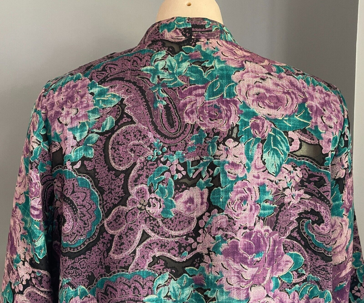 NGOH BOUTIQUE Open Kimono Black Purple Jade Gold Floral Paisley 3/4 Sleeve Sz 14