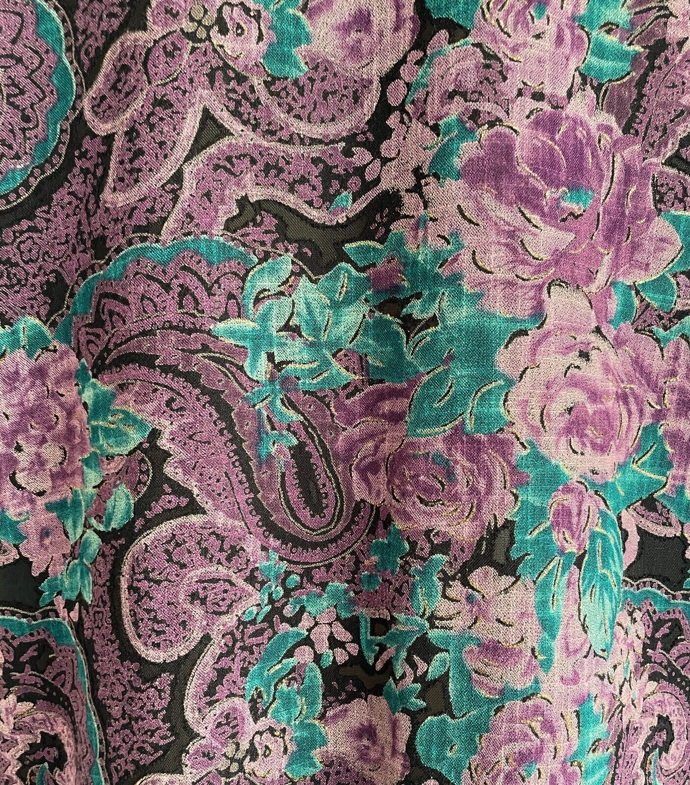 NGOH BOUTIQUE Open Kimono Black Purple Jade Gold Floral Paisley 3/4 Sleeve Sz 14