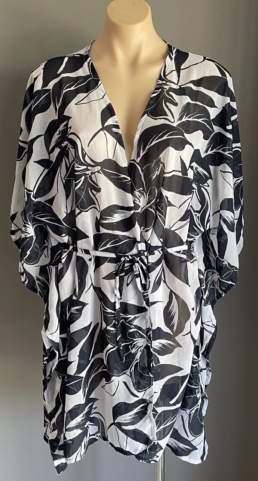 ANKO SWIM Beach Cover Kimono Navy White Floral Sheer Waist Tie Top Sz S M 10 12