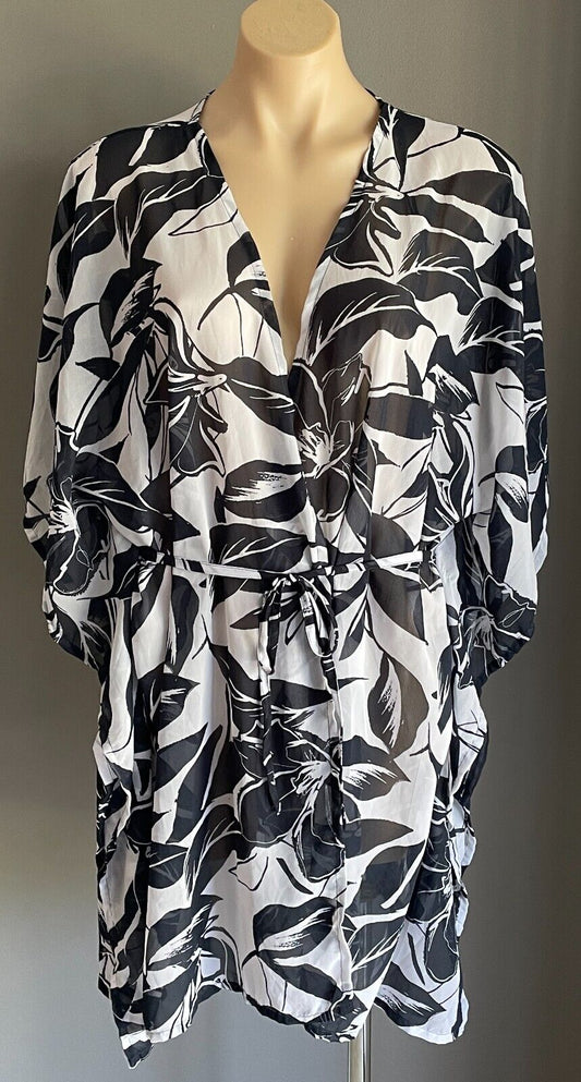 ANKO SWIM Beach Cover Kimono Navy White Floral Sheer Waist Tie Top Sz S M 10 12
