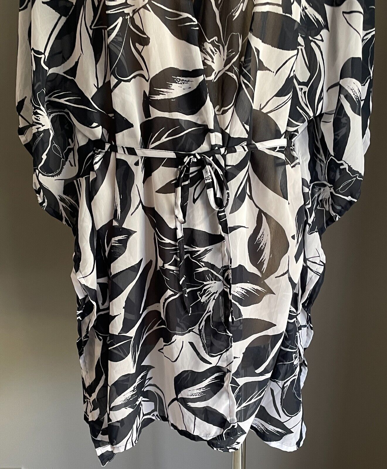 ANKO SWIM Beach Cover Kimono Navy White Floral Sheer Waist Tie Top Sz S M 10 12