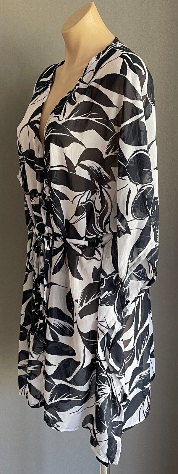 ANKO SWIM Beach Cover Kimono Navy White Floral Sheer Waist Tie Top Sz S M 10 12