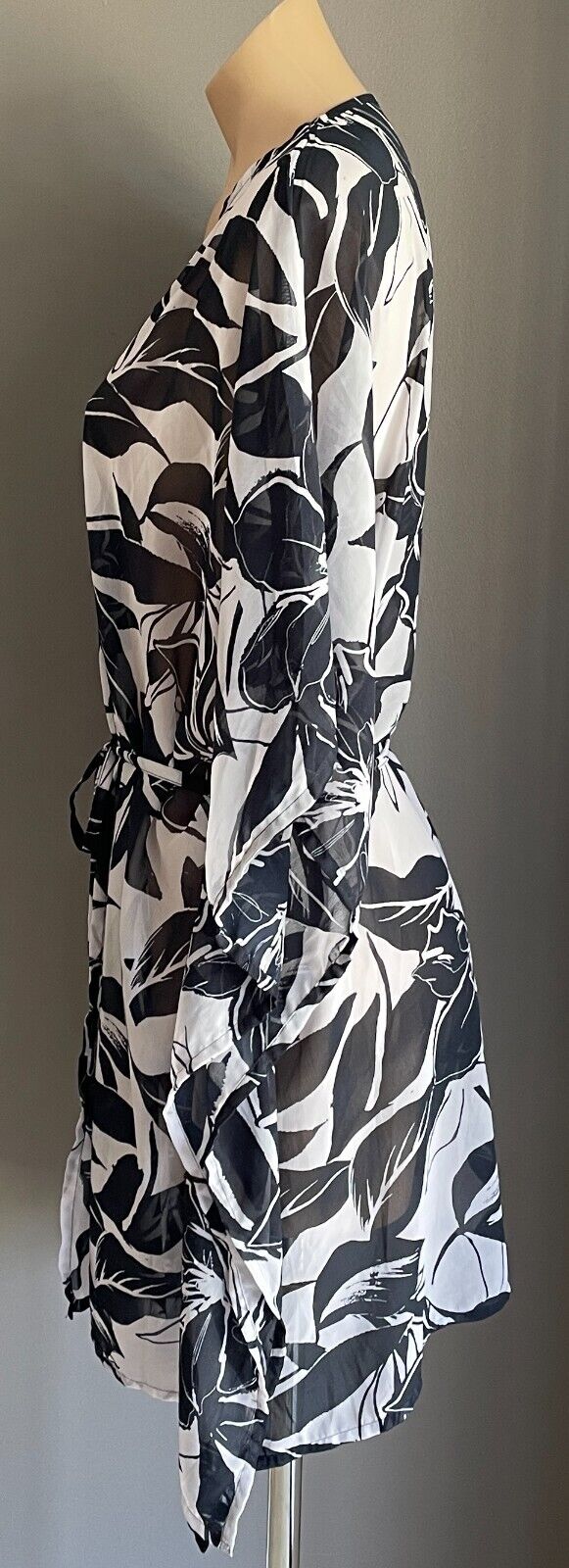 ANKO SWIM Beach Cover Kimono Navy White Floral Sheer Waist Tie Top Sz S M 10 12