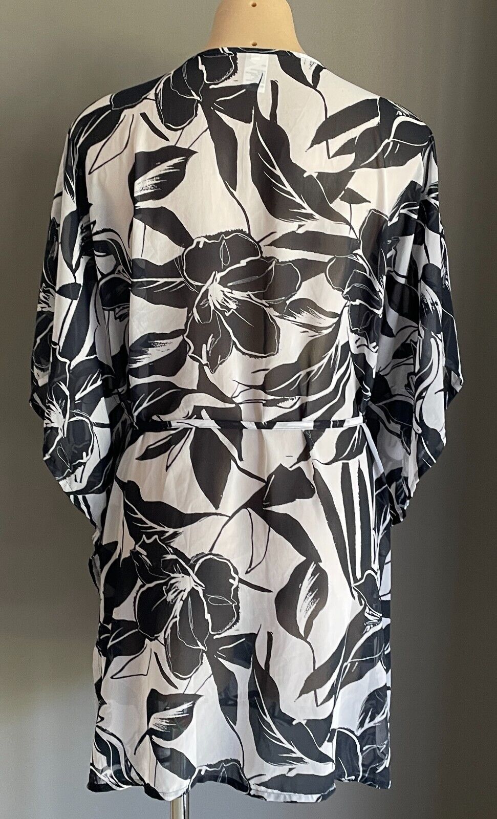 ANKO SWIM Beach Cover Kimono Navy White Floral Sheer Waist Tie Top Sz S M 10 12