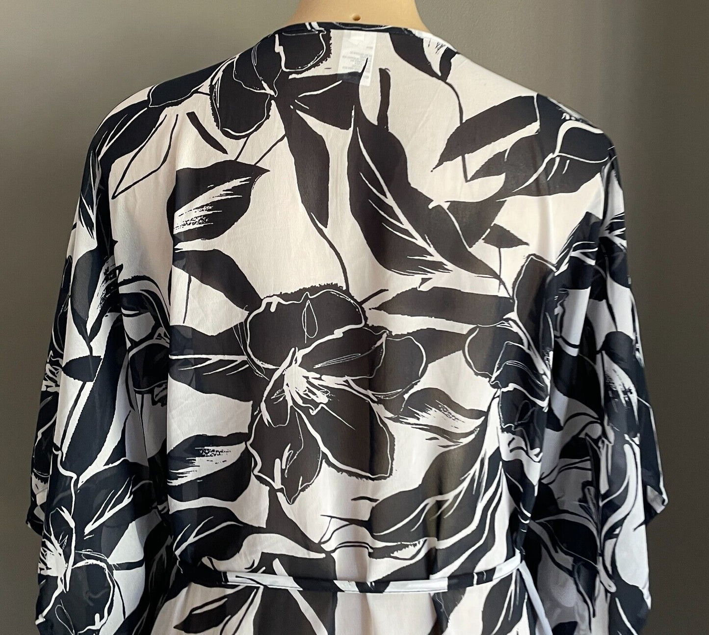 ANKO SWIM Beach Cover Kimono Navy White Floral Sheer Waist Tie Top Sz S M 10 12