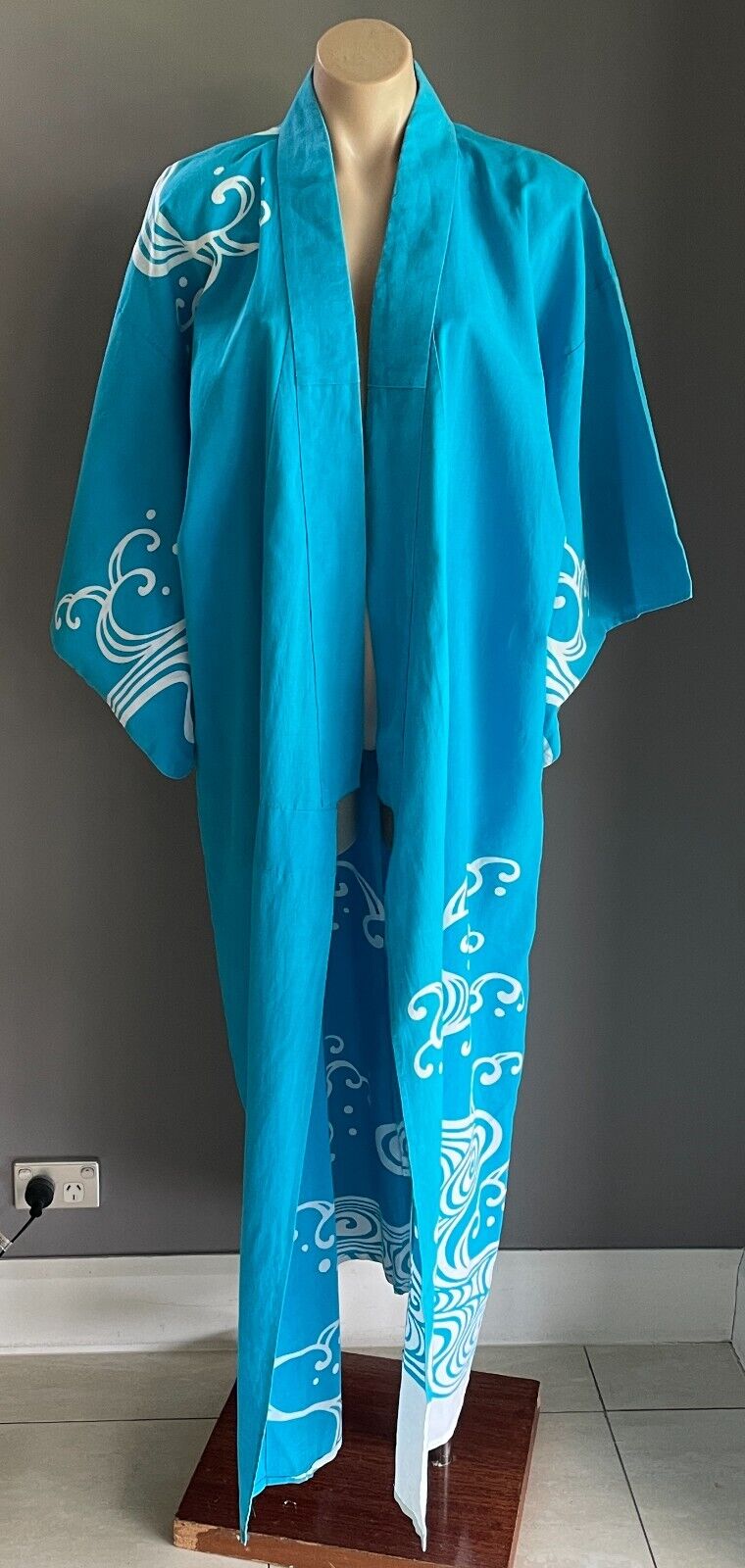 KIMONO Robe Blue White Print Unisex Long Sleeves Oriental Handmade