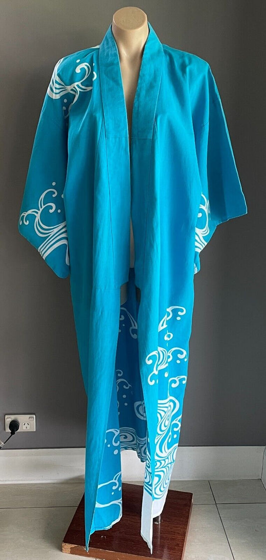 KIMONO Robe Blue White Print Unisex Long Sleeves Oriental Handmade