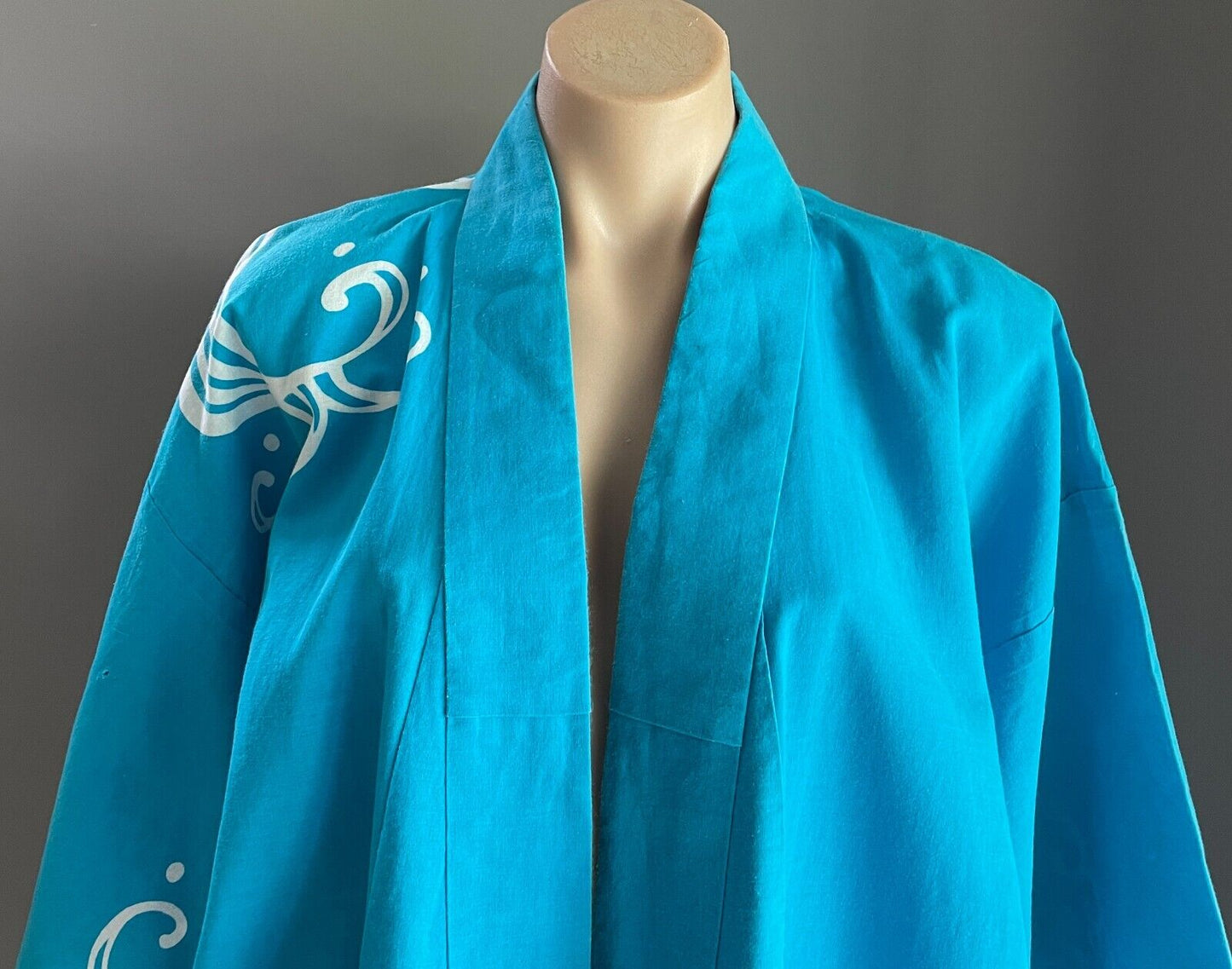 KIMONO Robe Blue White Print Unisex Long Sleeves Oriental Handmade