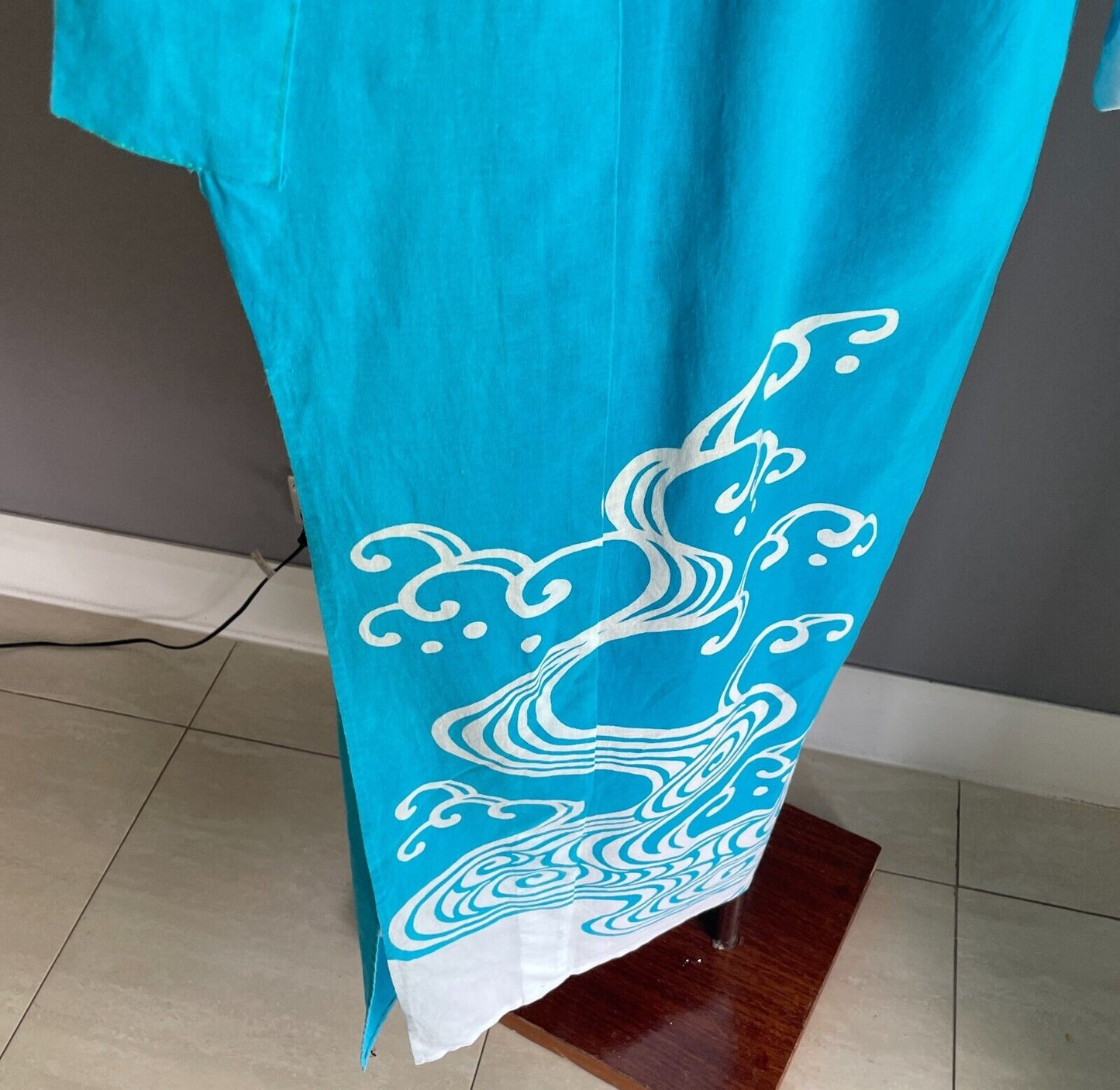 KIMONO Robe Blue White Print Unisex Long Sleeves Oriental Handmade