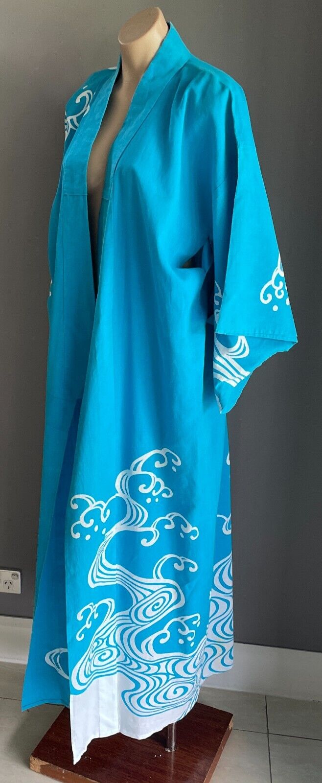 KIMONO Robe Blue White Print Unisex Long Sleeves Oriental Handmade