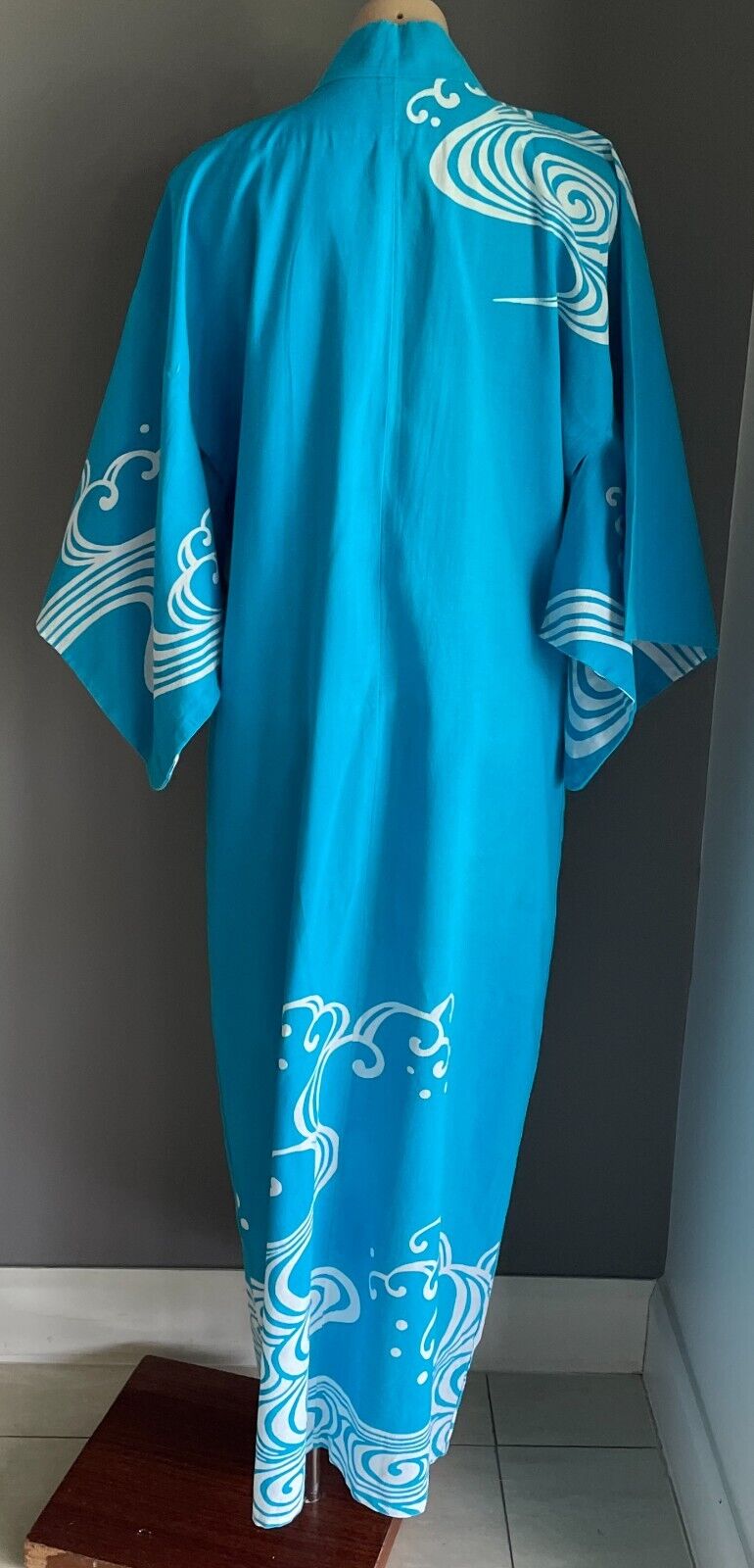 KIMONO Robe Blue White Print Unisex Long Sleeves Oriental Handmade