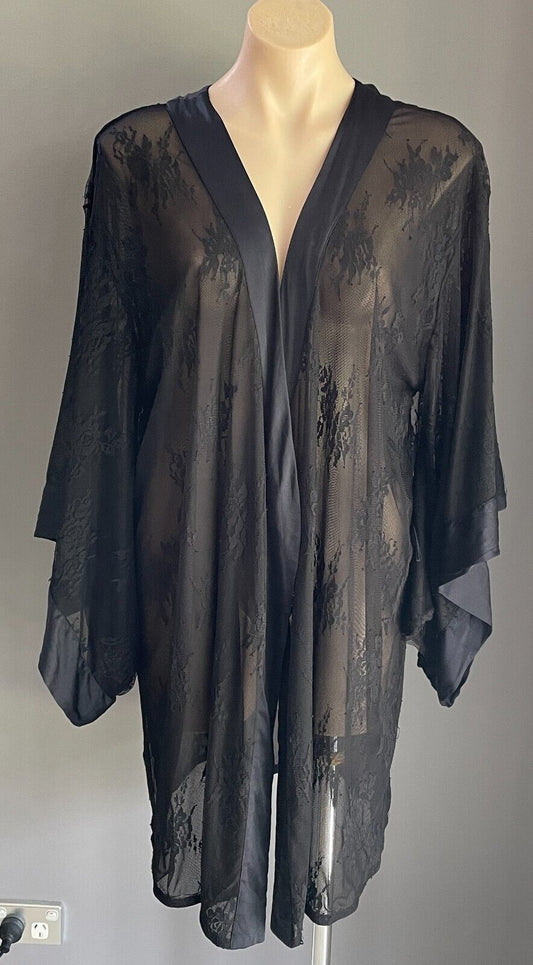 LA SENZA PRIVE Black Lace Satin Trim Short Sleeve Kimono Robe Size L XL