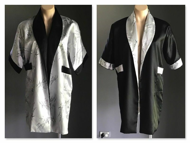 SATIN KIMONO Robe Silver Black White Floral Dragons XXL Oriental REVERSIBLE