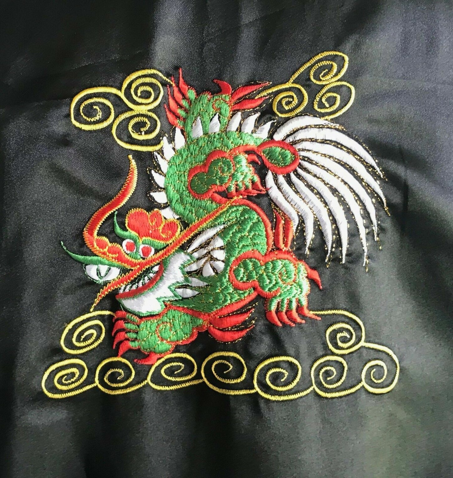 SATIN KIMONO Robe Silver Black White Floral Dragons XXL Oriental REVERSIBLE