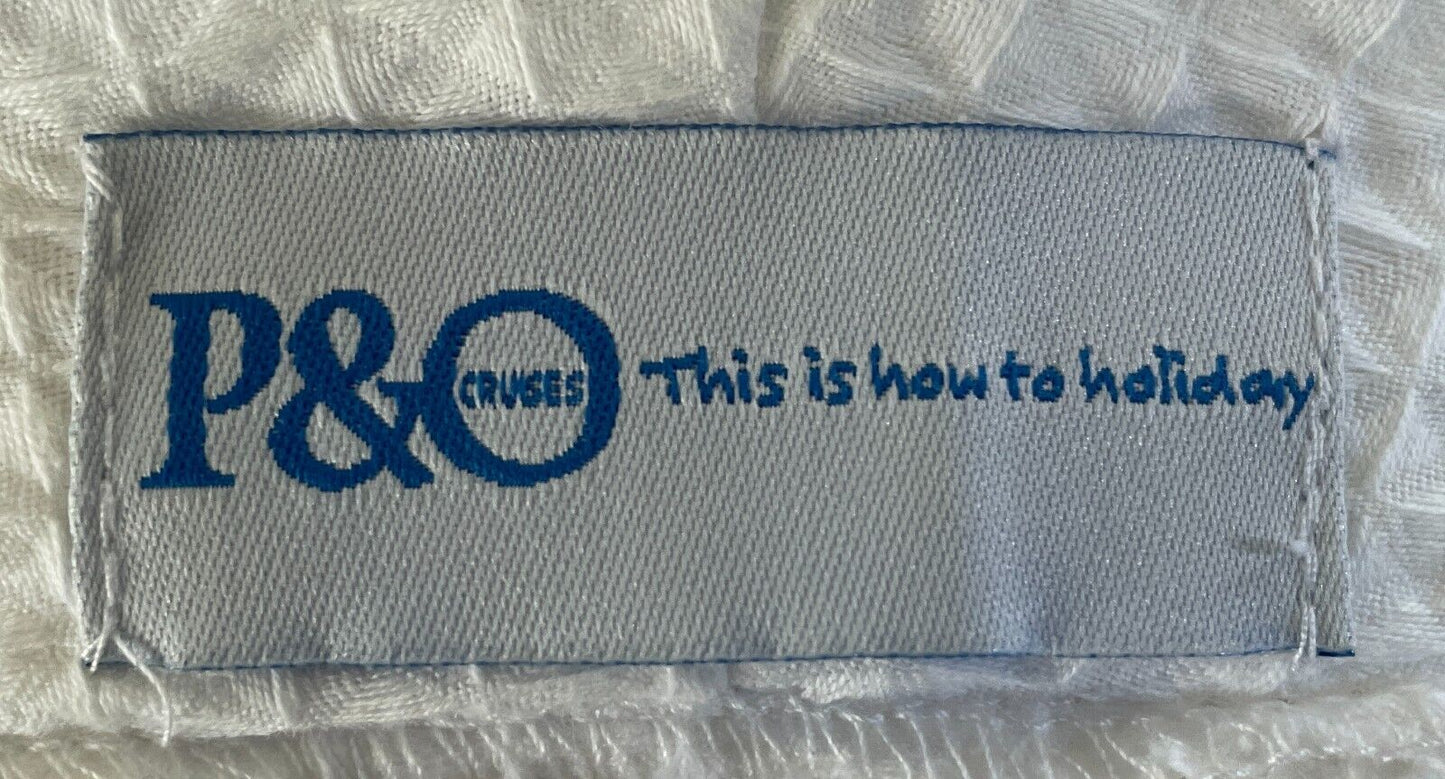 P&O CRUISES Bath Robe White Cotton Waffle Weave Blue Trim Waist Tie Cruise