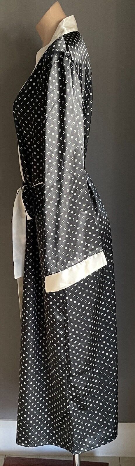 MIA LUCCE Silky Long Bath Robe Black & Cream w Waist Tie Ladies Size L