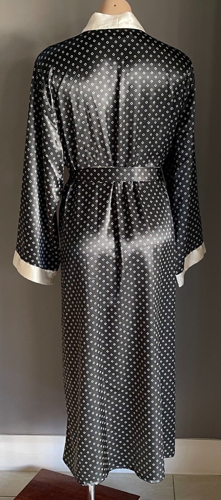 MIA LUCCE Silky Long Bath Robe Black & Cream w Waist Tie Ladies Size L
