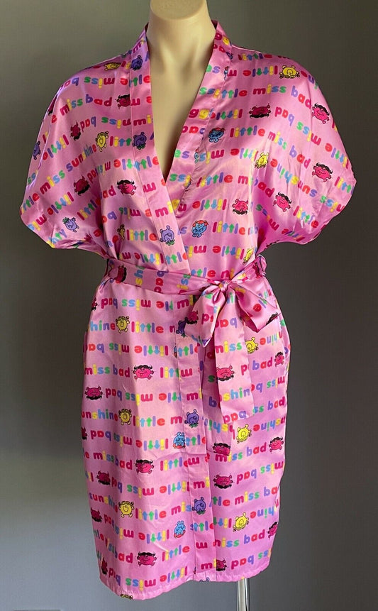 LITTLE MISS BAD Satin Bath Robe Pink MultiColour Print Short w Waist Tie Size 10