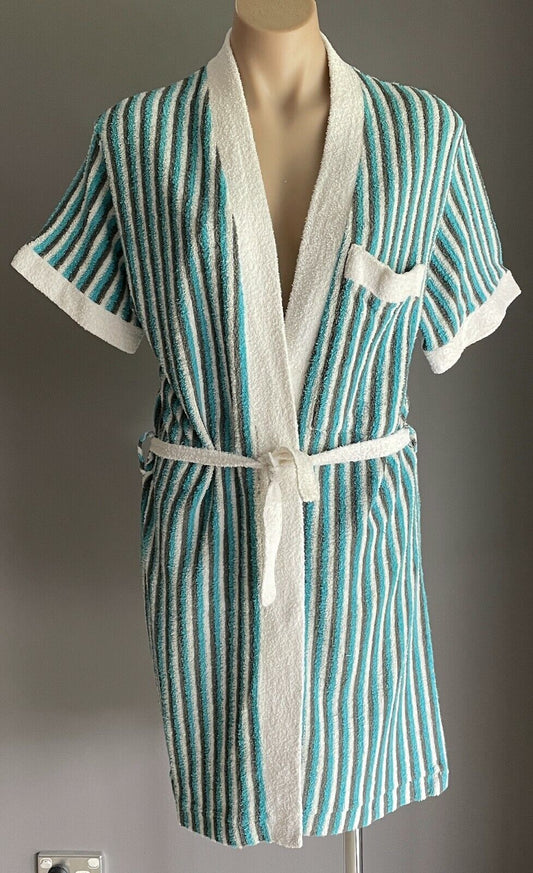 WALTONS Terry Towelling Blue Grey White Stripe Sh/Sleeve Sz 16 Vintage Bath Robe
