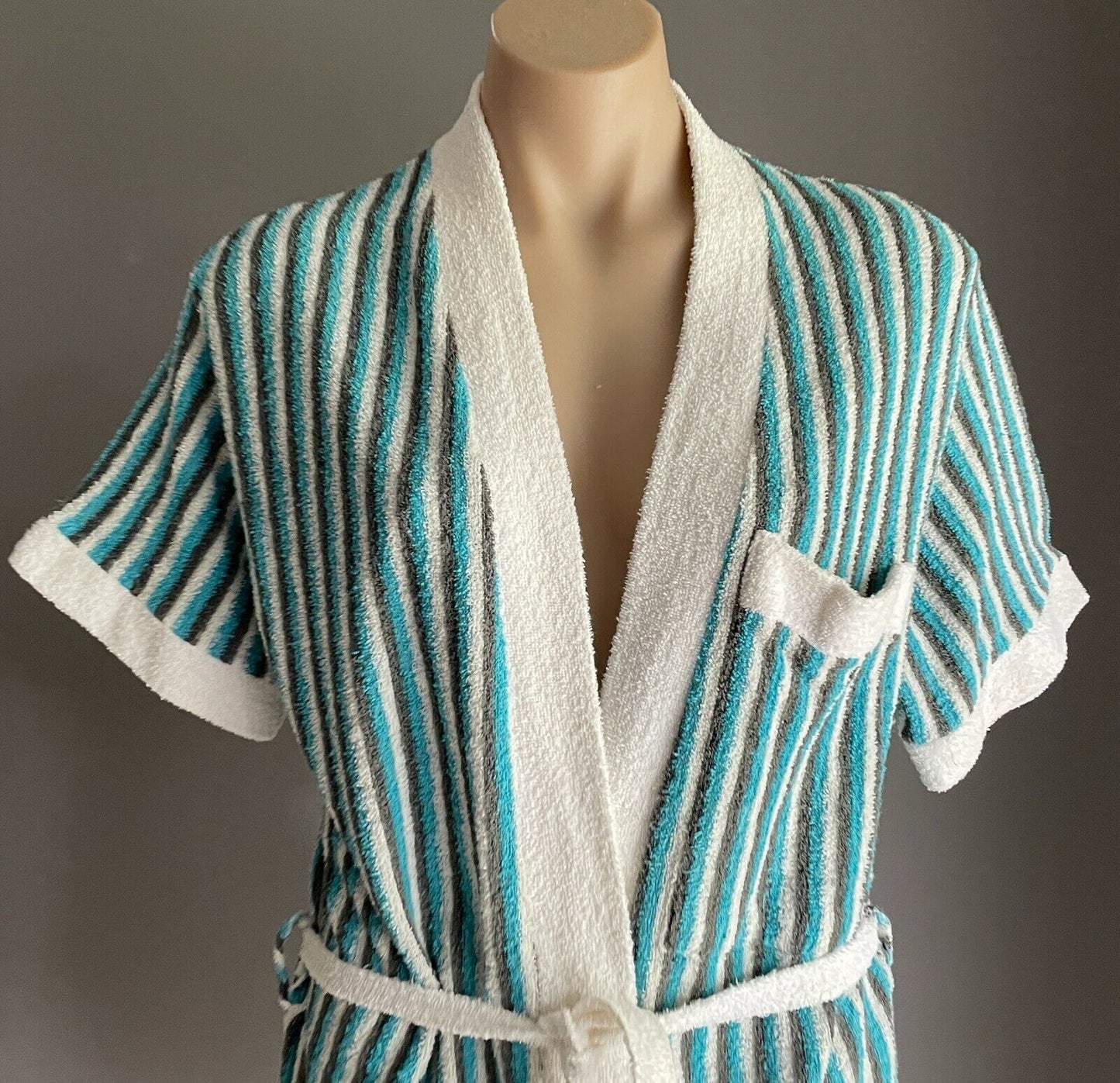 WALTONS Terry Towelling Blue Grey White Stripe Sh/Sleeve Sz 16 Vintage Bath Robe