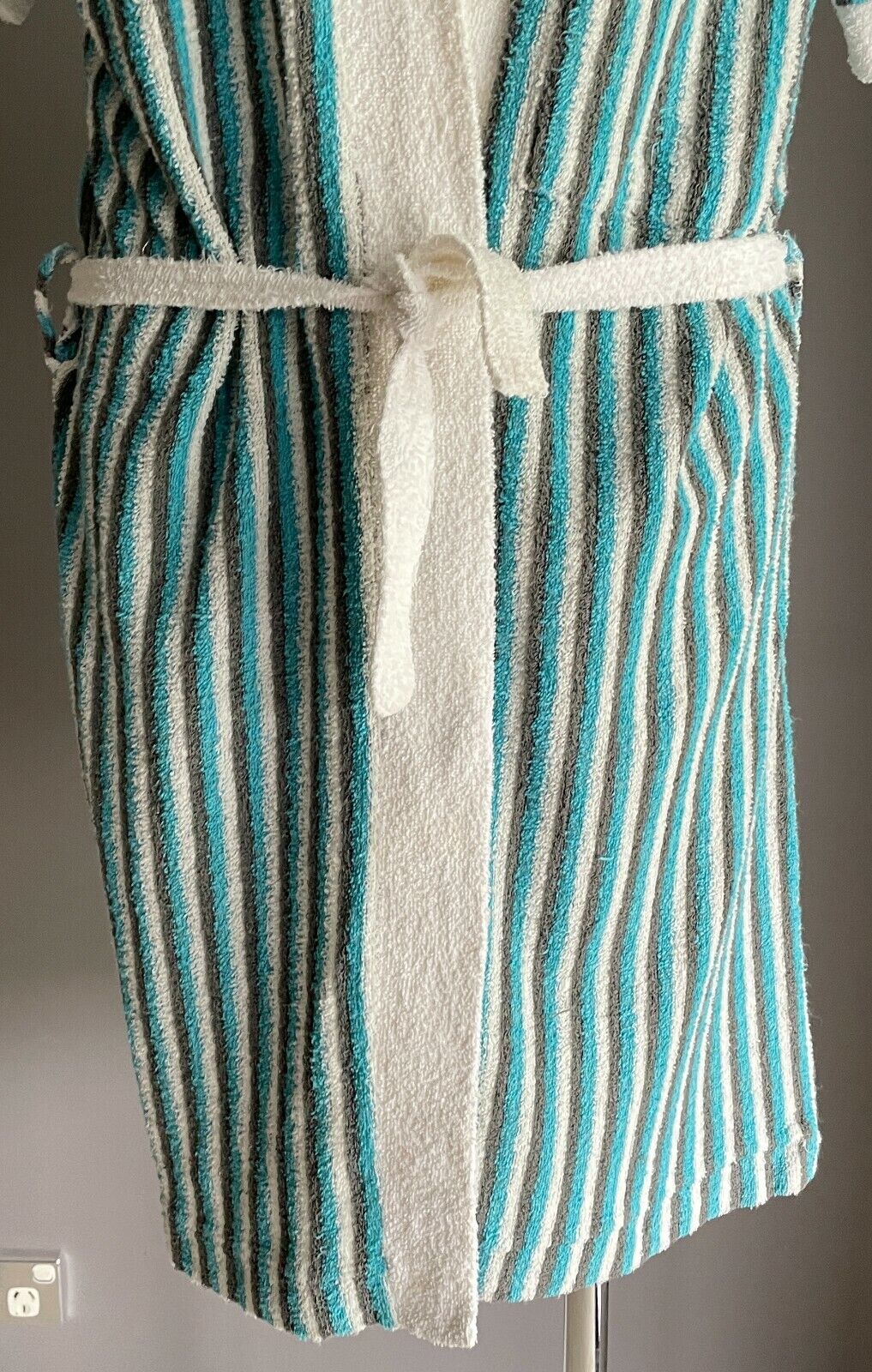 WALTONS Terry Towelling Blue Grey White Stripe Sh/Sleeve Sz 16 Vintage Bath Robe