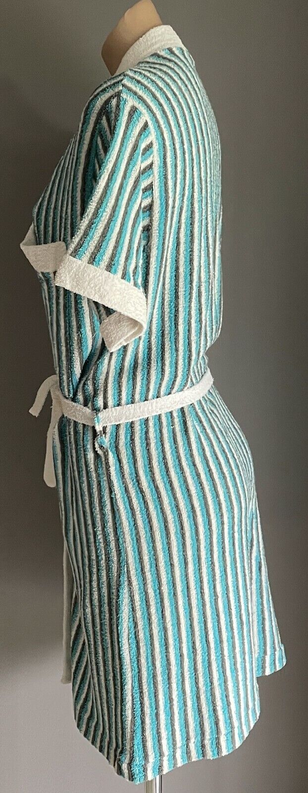 WALTONS Terry Towelling Blue Grey White Stripe Sh/Sleeve Sz 16 Vintage Bath Robe