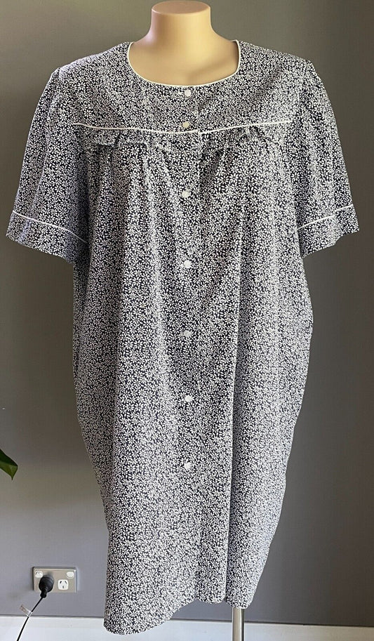 ST MARK SLEEPWEAR Blu White Floral Rob House Coat Short Sleeve Size 18 Vintage