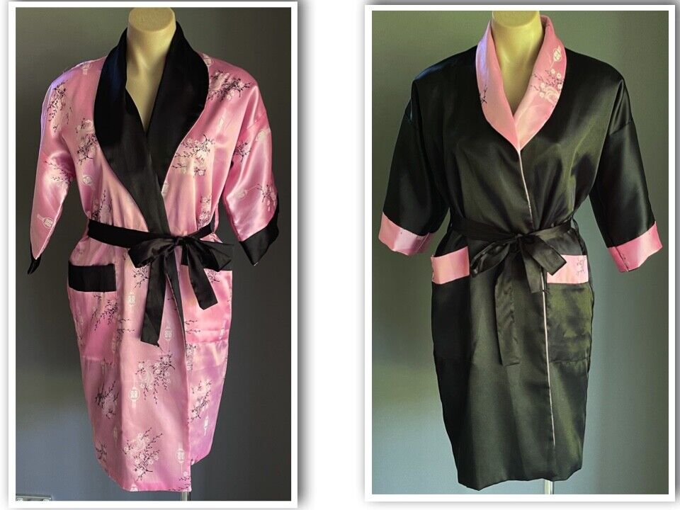 ROSE JUST FOR YOU Satin Robe Reversible Pink & Black Floral Dragon Print Sz S 12