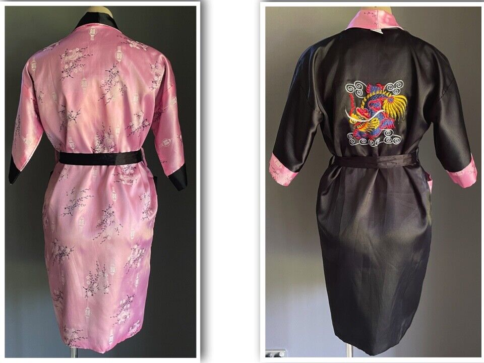 ROSE JUST FOR YOU Satin Robe Reversible Pink & Black Floral Dragon Print Sz S 12