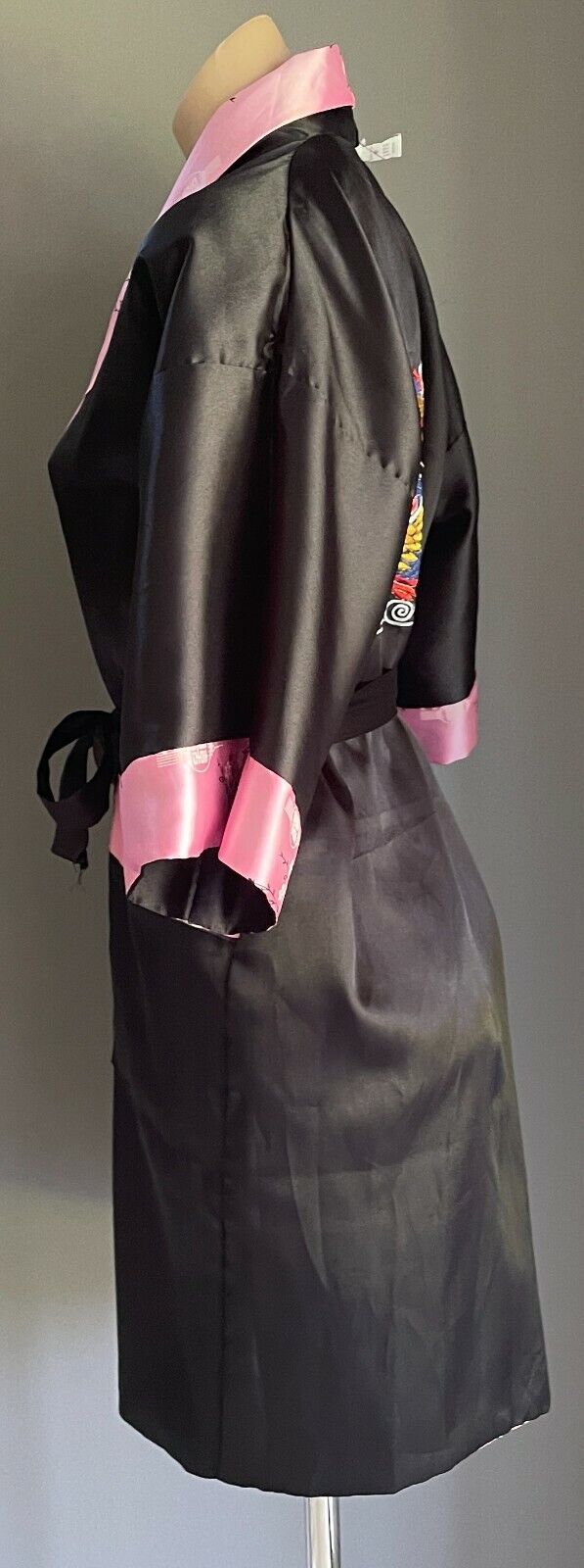 ROSE JUST FOR YOU Satin Robe Reversible Pink & Black Floral Dragon Print Sz S 12