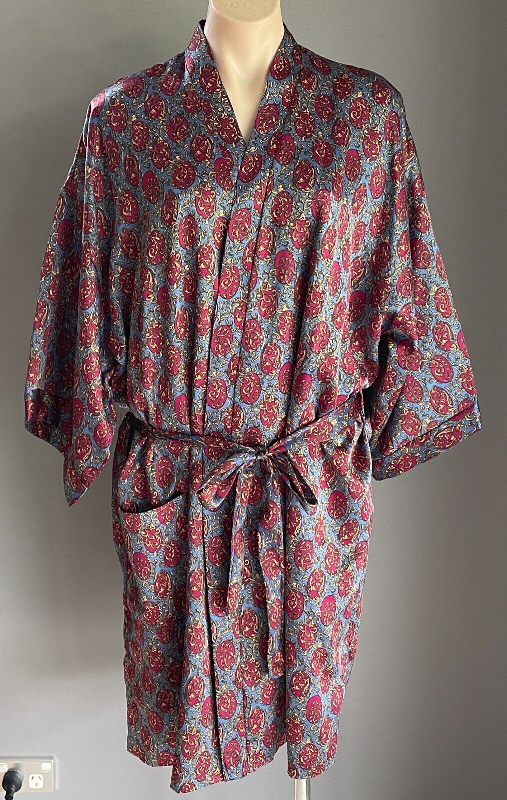 ROBES OF AUSTRALIA Burgundy Blue Print Bath Robe Short Sleeve Sz XL 20 22 Unisex