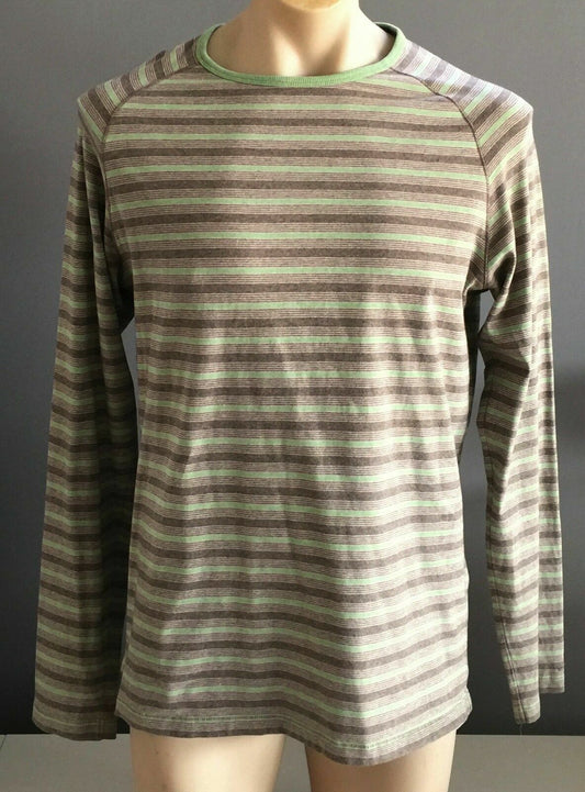 MARCS Crew Neck Top Green Brown Stripe Buttoned Long Sleeve Regular Mens Size M