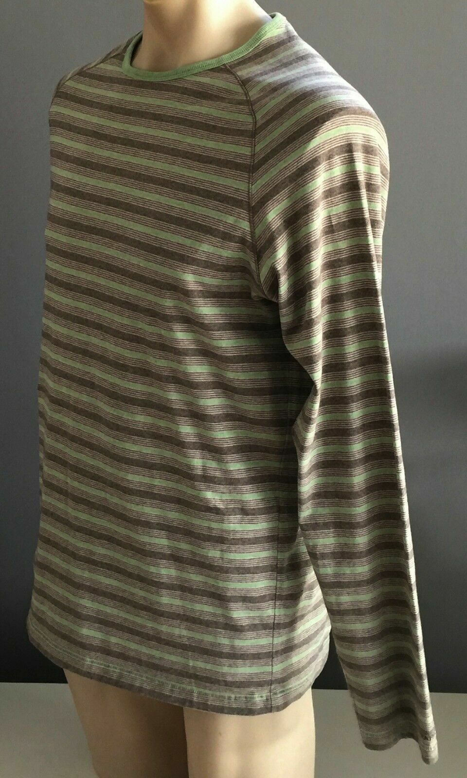 MARCS Crew Neck Top Green Brown Stripe Buttoned Long Sleeve Regular Mens Size M