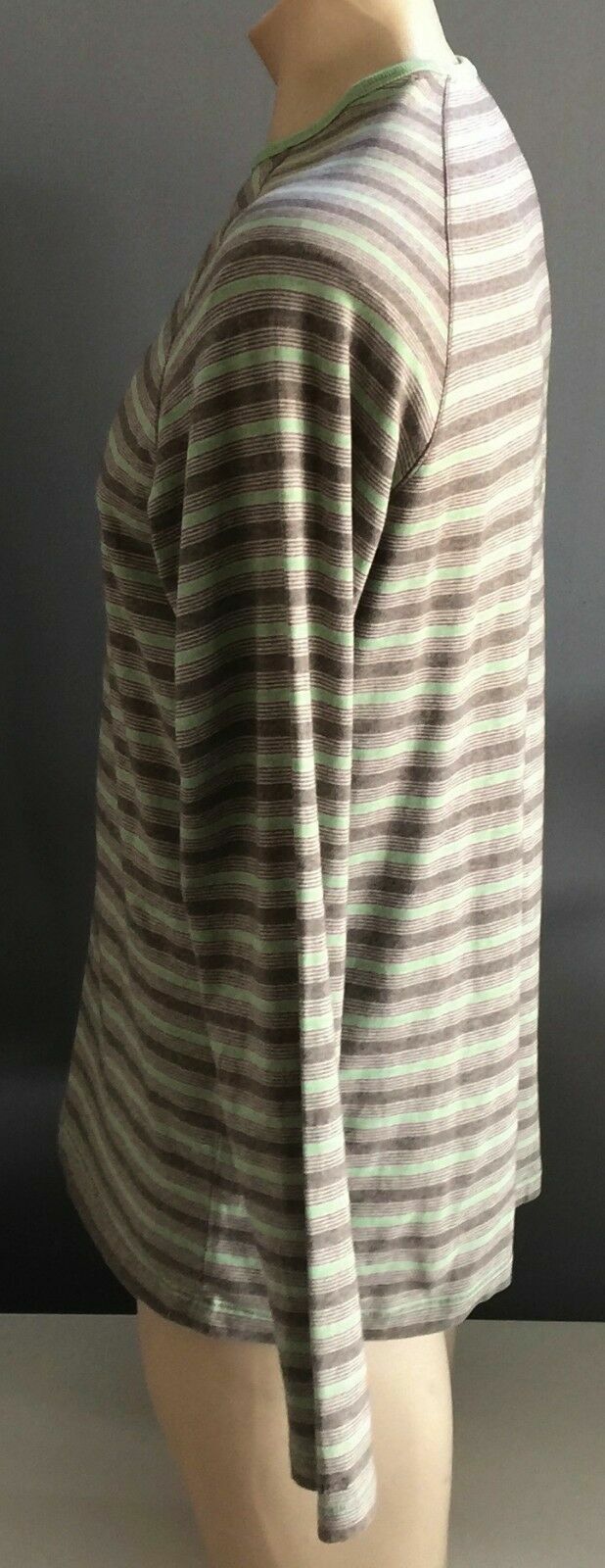 MARCS Crew Neck Top Green Brown Stripe Buttoned Long Sleeve Regular Mens Size M