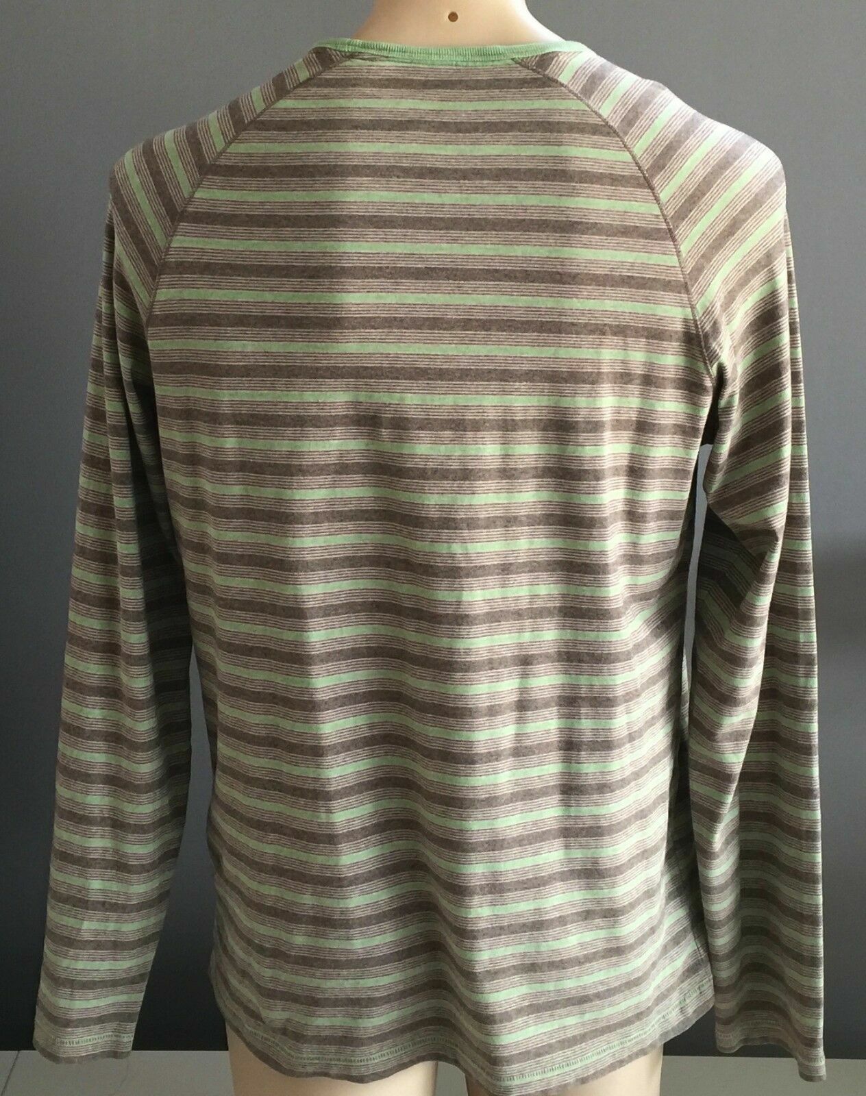 MARCS Crew Neck Top Green Brown Stripe Buttoned Long Sleeve Regular Mens Size M