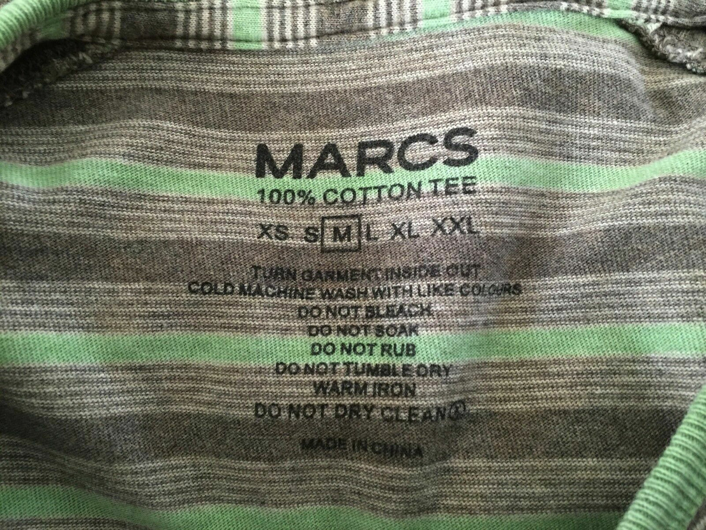 MARCS Crew Neck Top Green Brown Stripe Buttoned Long Sleeve Regular Mens Size M