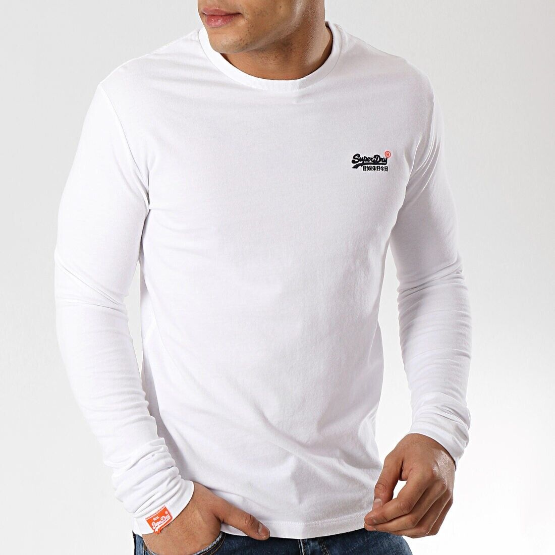 SUPERDRY Top Orange Label White Crew Neck Long Sleeve Mens S Vintage Embroidery