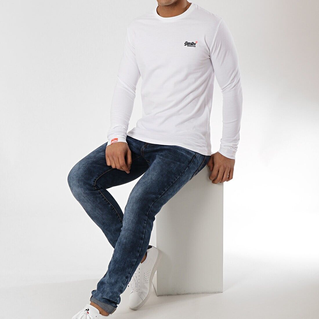 SUPERDRY Top Orange Label White Crew Neck Long Sleeve Mens S Vintage Embroidery