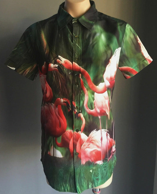 PULPKITCHEN Flamingo Print Shirt Mens Size S Bright Bold Vivid Hawaiian Vintage