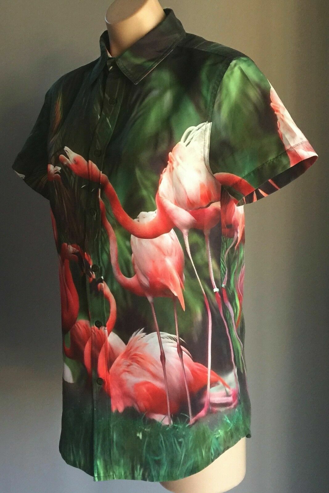 PULPKITCHEN Flamingo Print Shirt Mens Size S Bright Bold Vivid Hawaiian Vintage