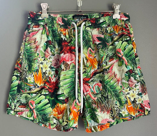 KENJI SWIM Shorts Tropical Flower Flamingo Print Elastic Waist Beach Mens Size S