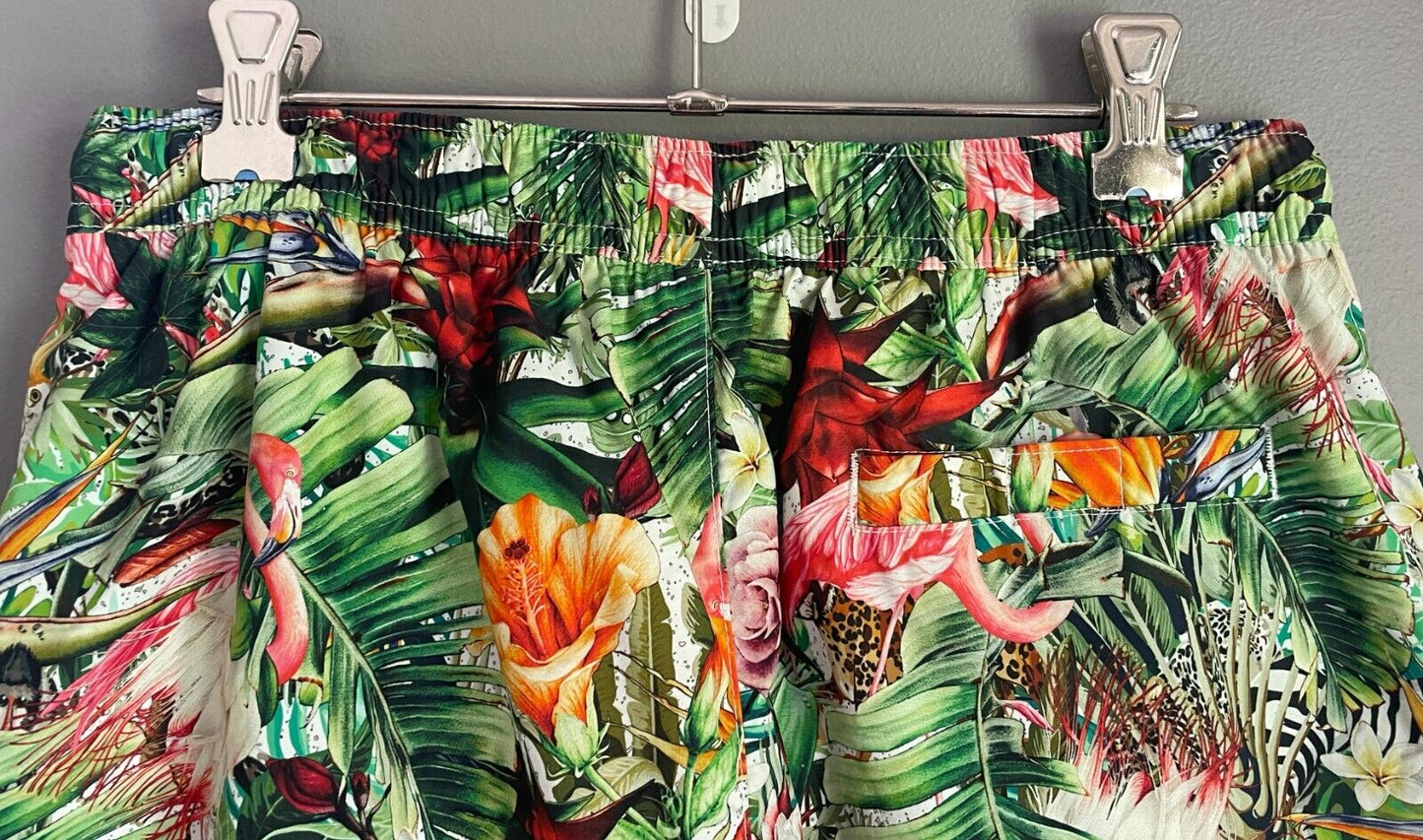 KENJI SWIM Shorts Tropical Flower Flamingo Print Elastic Waist Beach Mens Size S