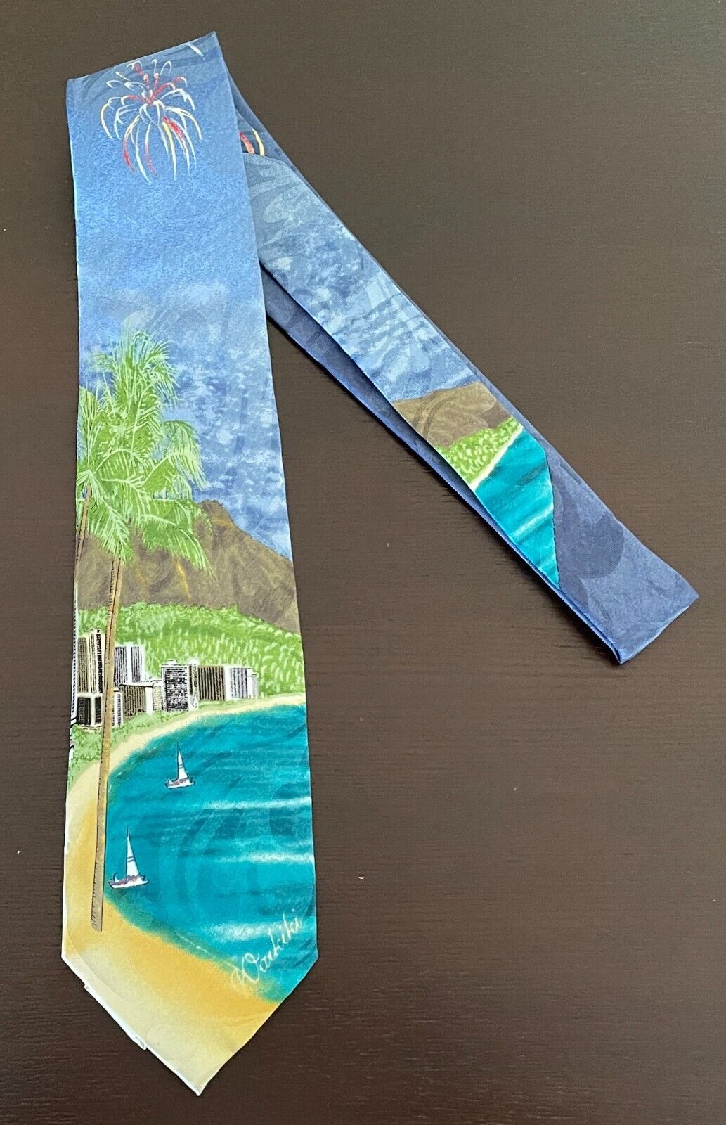 TROPICAL HAWAII Waikiki Tie Landscape Colourful Souvenir Hawaiian NeckTie Handma
