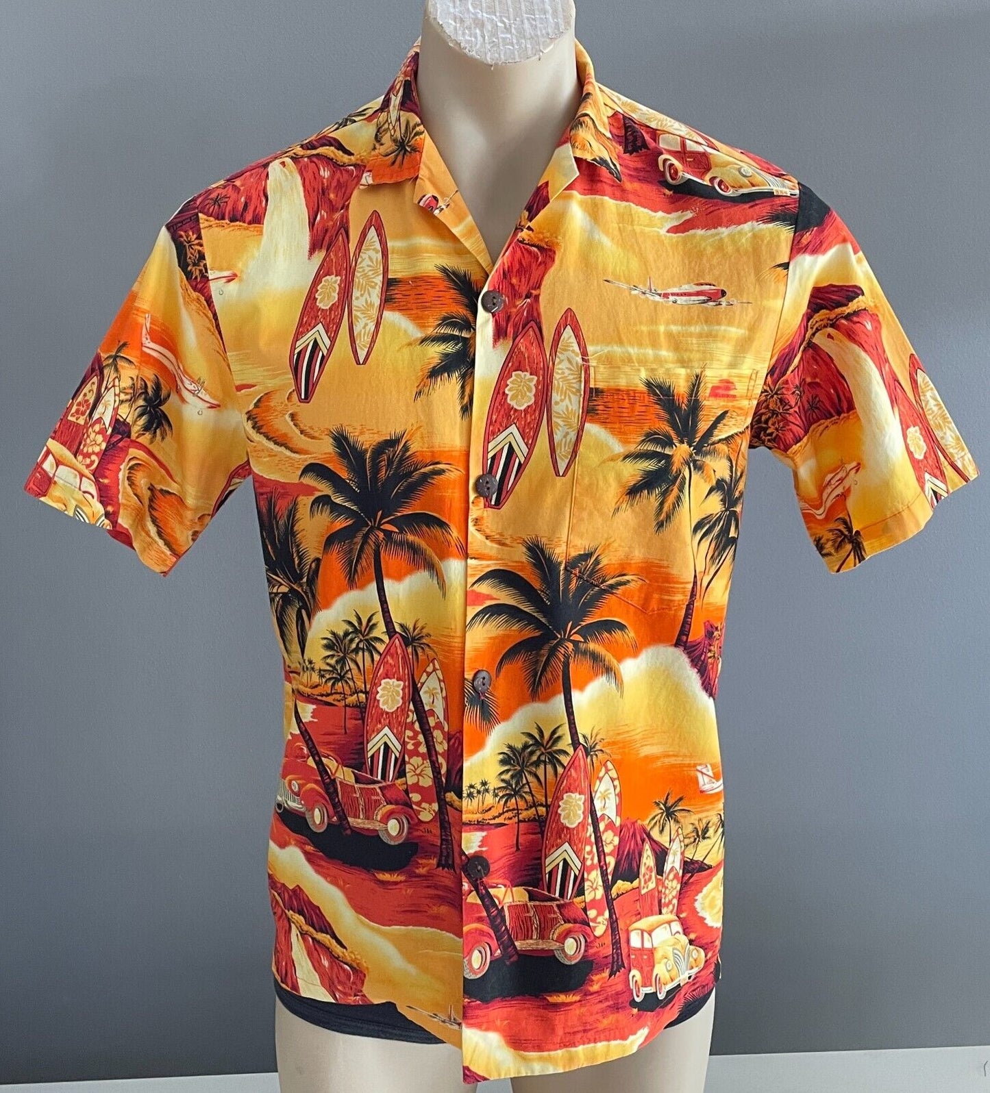 ALOHA MO'I Hawaiian Shirt OrangeYellow Red Black Surf Board Print Size S