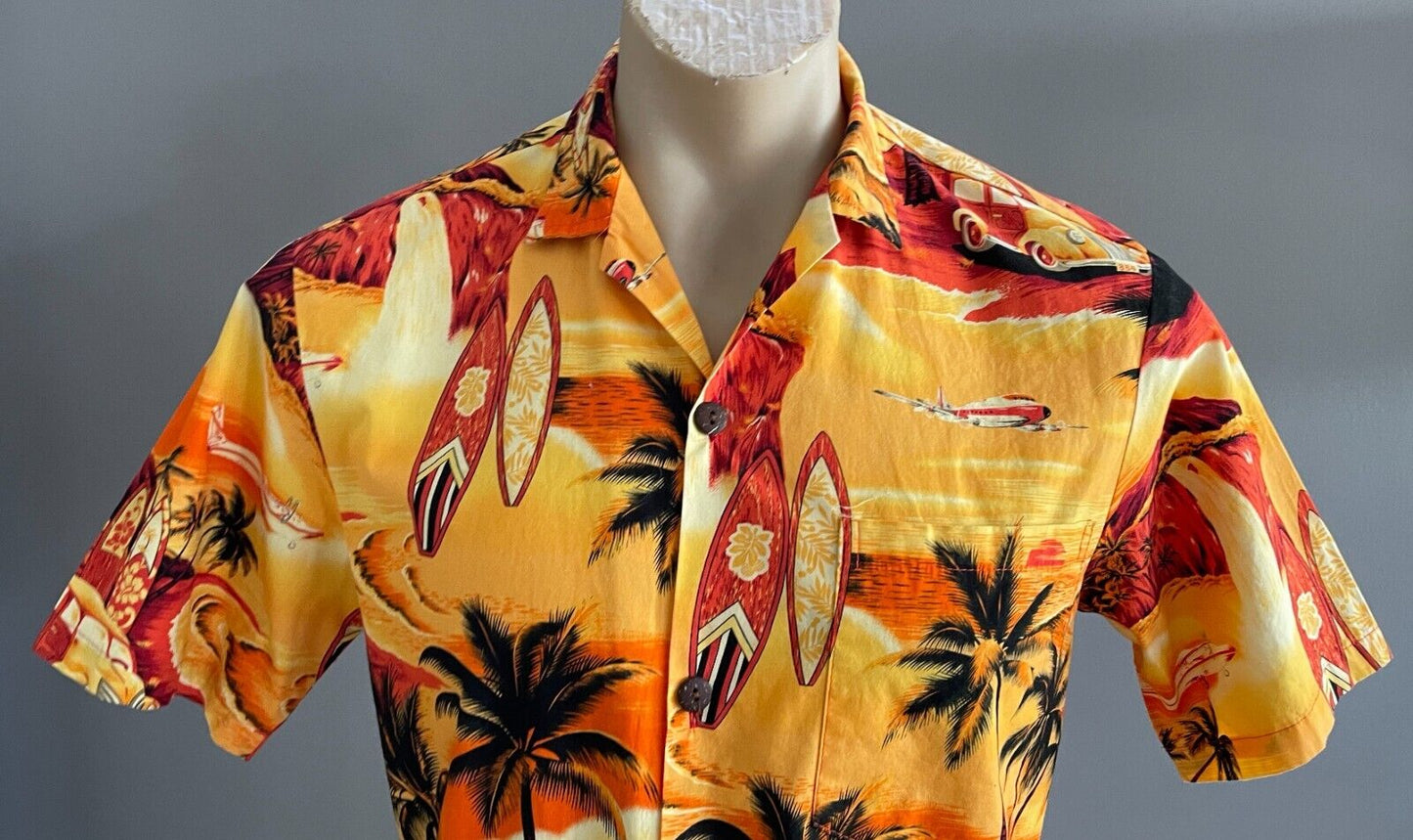 ALOHA MO'I Hawaiian Shirt OrangeYellow Red Black Surf Board Print Size S