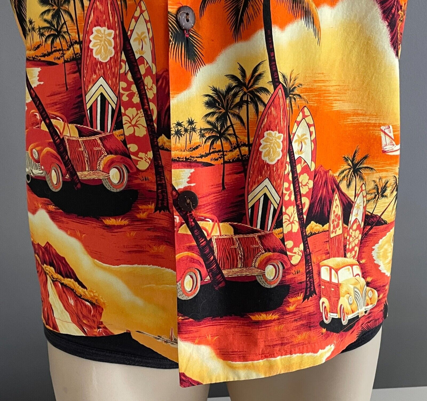 ALOHA MO'I Hawaiian Shirt OrangeYellow Red Black Surf Board Print Size S