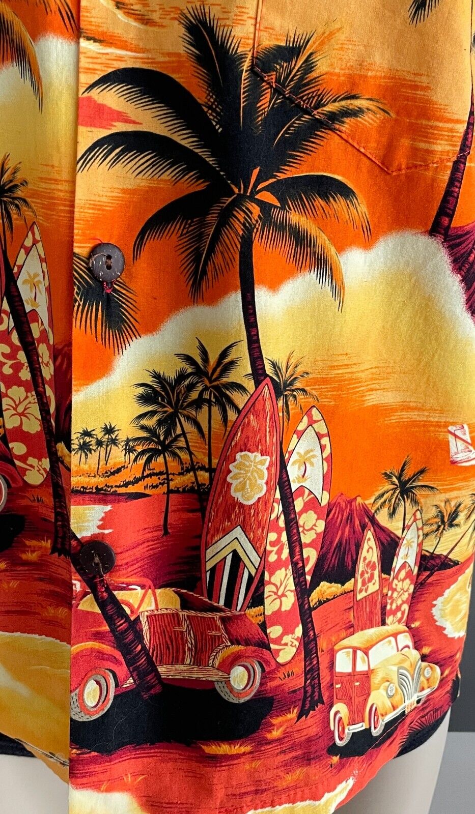 ALOHA MO'I Hawaiian Shirt OrangeYellow Red Black Surf Board Print Size S