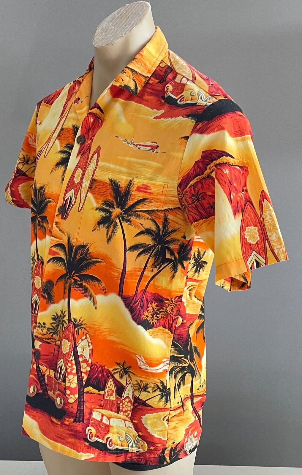 ALOHA MO'I Hawaiian Shirt OrangeYellow Red Black Surf Board Print Size S