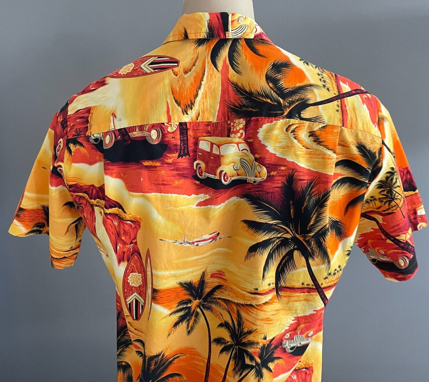 ALOHA MO'I Hawaiian Shirt OrangeYellow Red Black Surf Board Print Size S